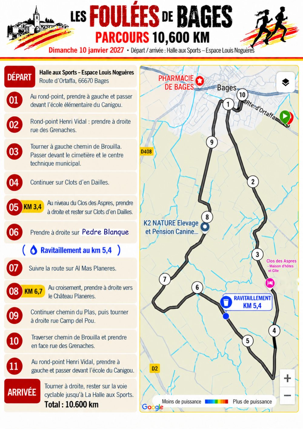 Plan du parcours de 10,600 km des Foulées de Bages